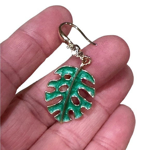 Gold and Green Monstera Leaf Drop Earrings - Picture 4 of 6